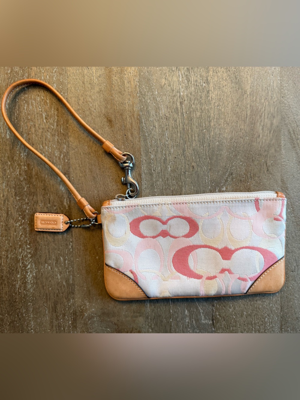 Coach Pink and Tan Signature Canvas Wristlet